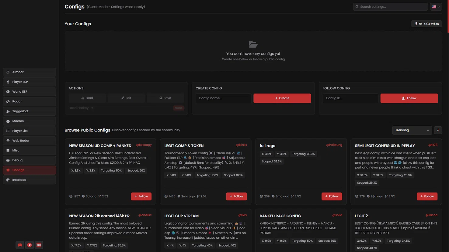 Blurred Fortnite application interface — Configs & Profiles