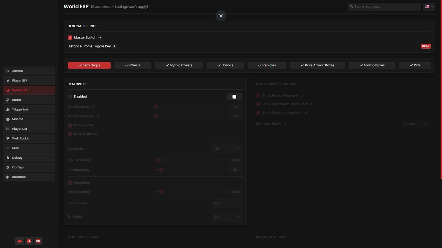 Blurred Fortnite application interface — World ESP Configuration
